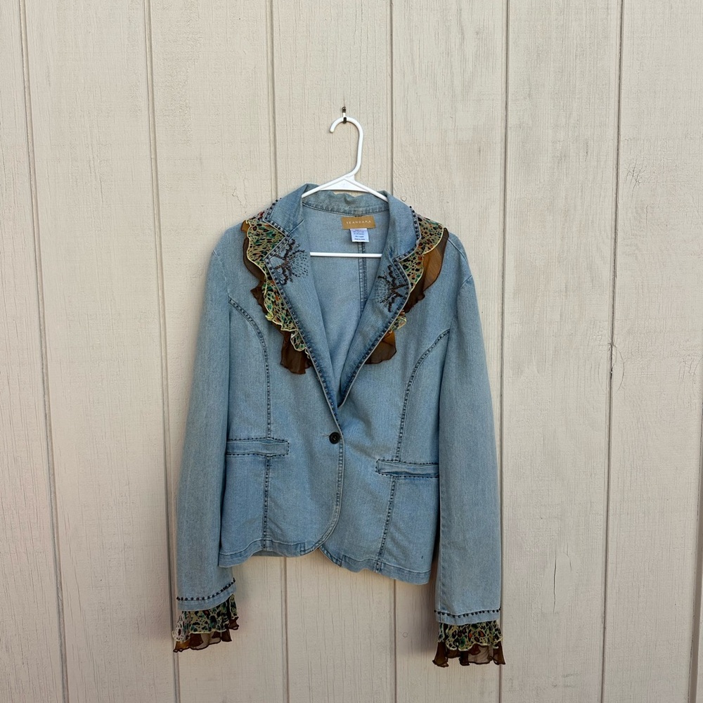 Unique Vintage Blue Denim Jacket with Brown Lace Trim